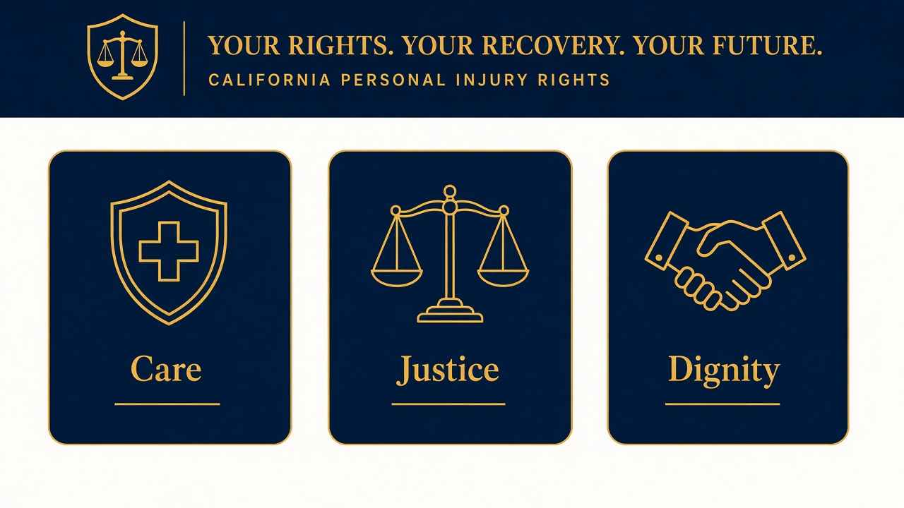 Navy and gold graphic with Care, Justice, and Dignity icons for California personal injury rights