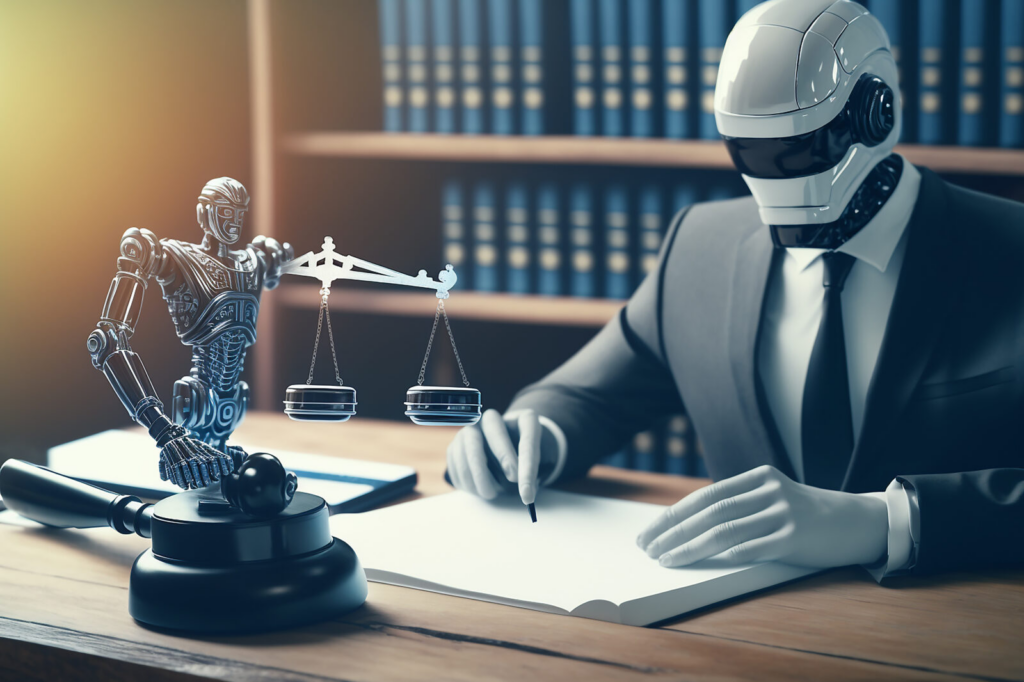 A futuristic robot attorney in a suit sits at a wooden desk in a library, writing on legal documents. A small robotic figure holds balanced scales of justice nearby, with a gavel on the desk, illustrating AI integration in personal injury law practice.