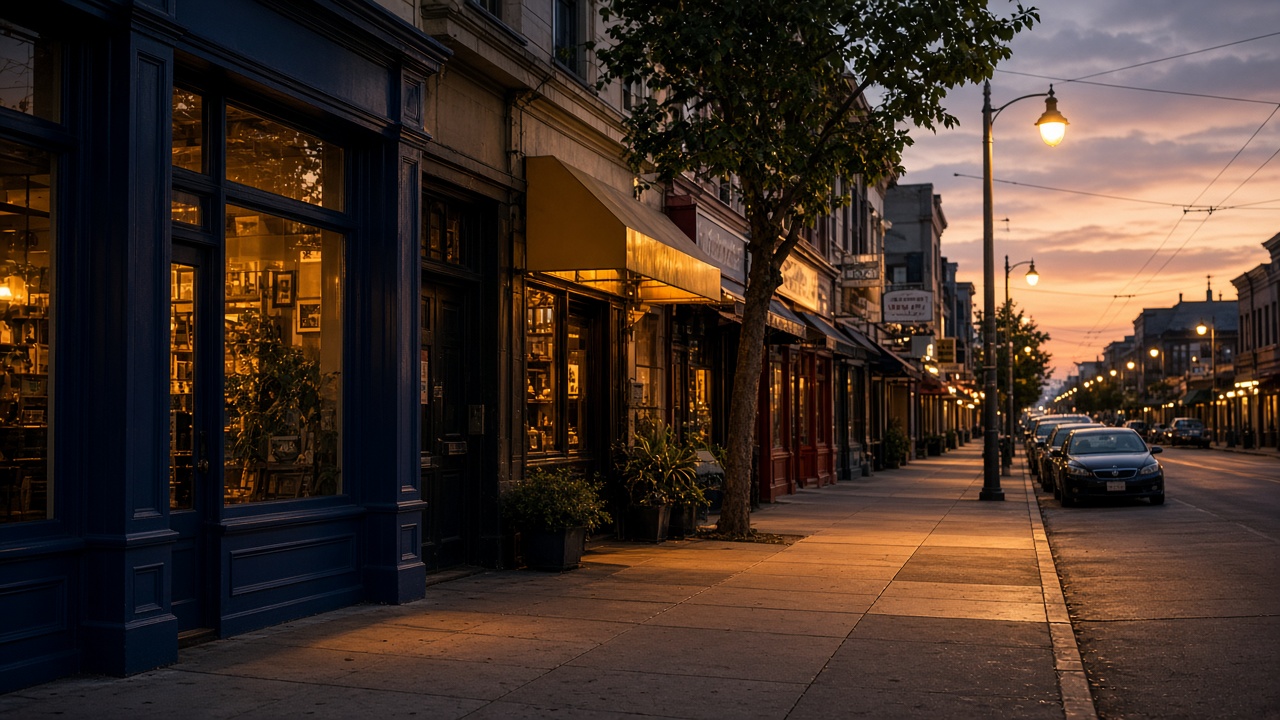 Quiet San Francisco neighborhood street at dusk with lit storefronts — immigrant community injury rights article image