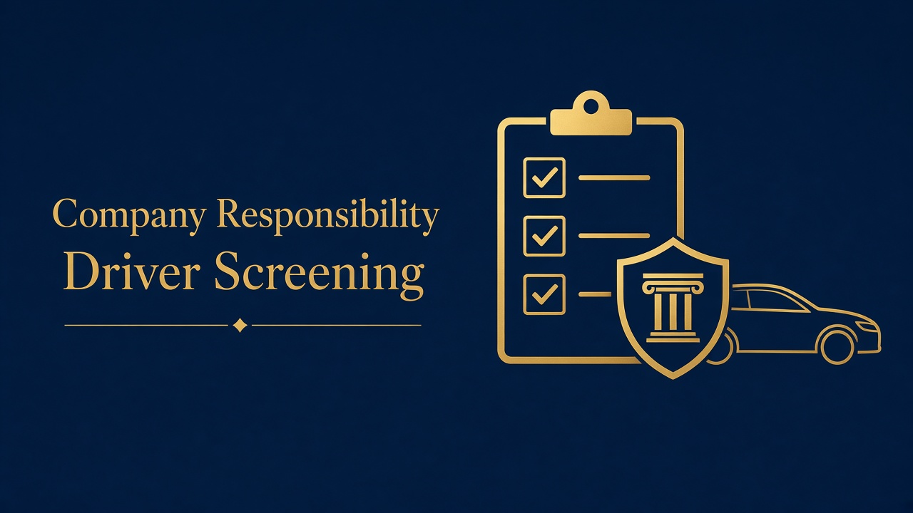 Navy and gold graphic on company responsibility and driver screening for rideshare cases