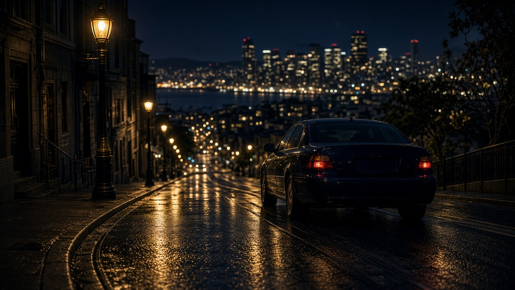 San Francisco night street with sedan taillights on wet pavement — rideshare liability under Prop 22