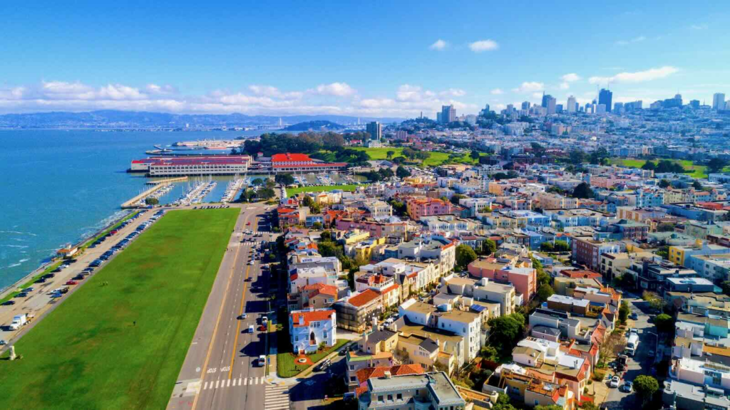 Aerial view of San Francisco Marina District with waterfront and Bay beyond — personal injury attorney John J. Roach serves accident victims in the Marina District