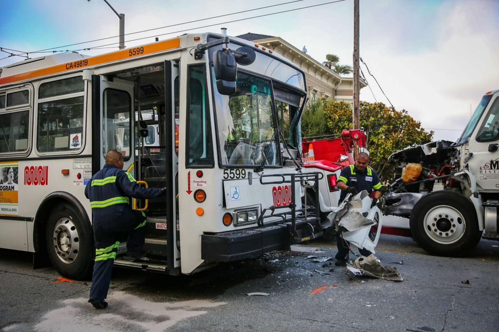 San Francisco MUNI bus collision accident scene — personal injury attorney John J. Roach represents victims of public transit accidents