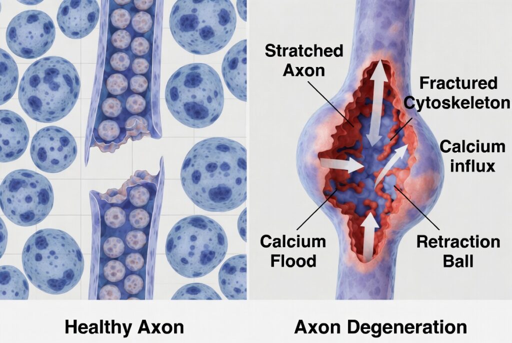 Medical illustration showing healthy axon versus axon degeneration in a concussion — depicting fractured cytoskeleton, calcium influx, and retraction ball formation consistent with diffuse axonal injury