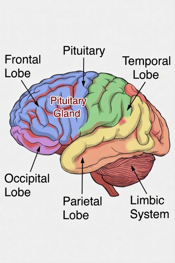 Diagram of brain lobes showing frontal lobe, temporal lobe, parietal lobe, occipital lobe, limbic system, and pituitary gland — all regions vulnerable to concussion injury in San Francisco accident cases