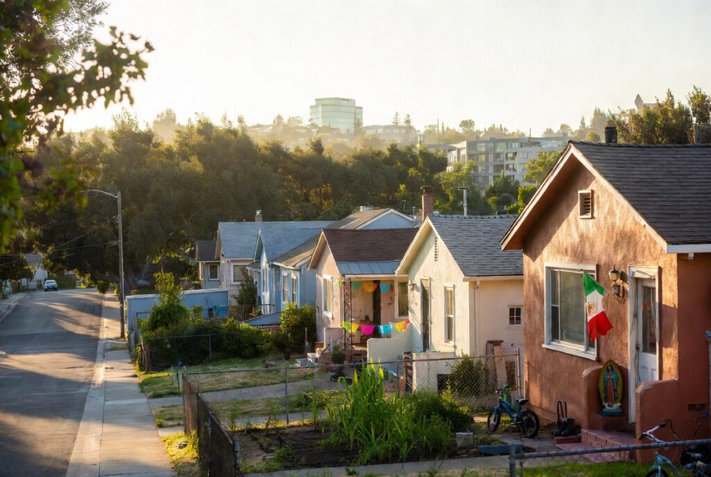 Casas residenciales modestas en East Palo Alto — donde familias hispanas trabajadoras enfrentan presión de gentrificación de Silicon Valley mientras mantienen una de las comunidades latinas más establecidas de la Península