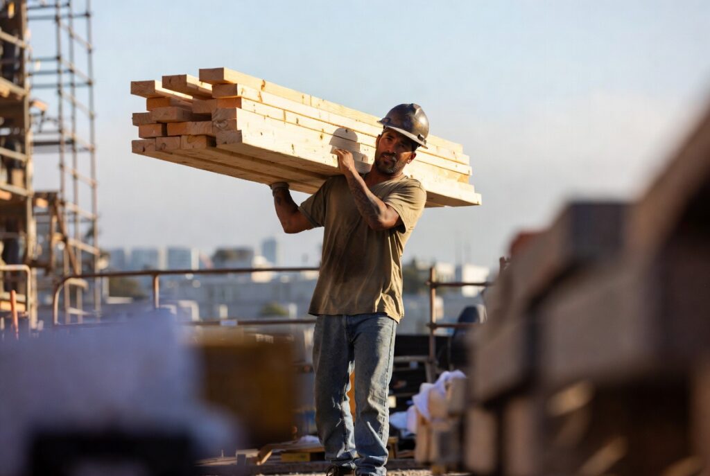 Trabajador hispano de construcción cargando materiales pesados en una obra del Área de la Bahía — los trabajadores de oficios físicos enfrentan riesgo diario de lesiones serias de columna vertebral por cargar peso y por accidentes laborales