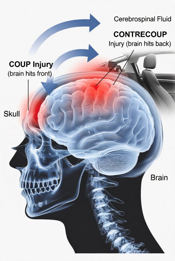Medical illustration of coup-contrecoup brain injury in a car accident — showing the brain striking the front of the skull (coup) and rebounding to strike the back (contrecoup), causing concussion injury at two locations
