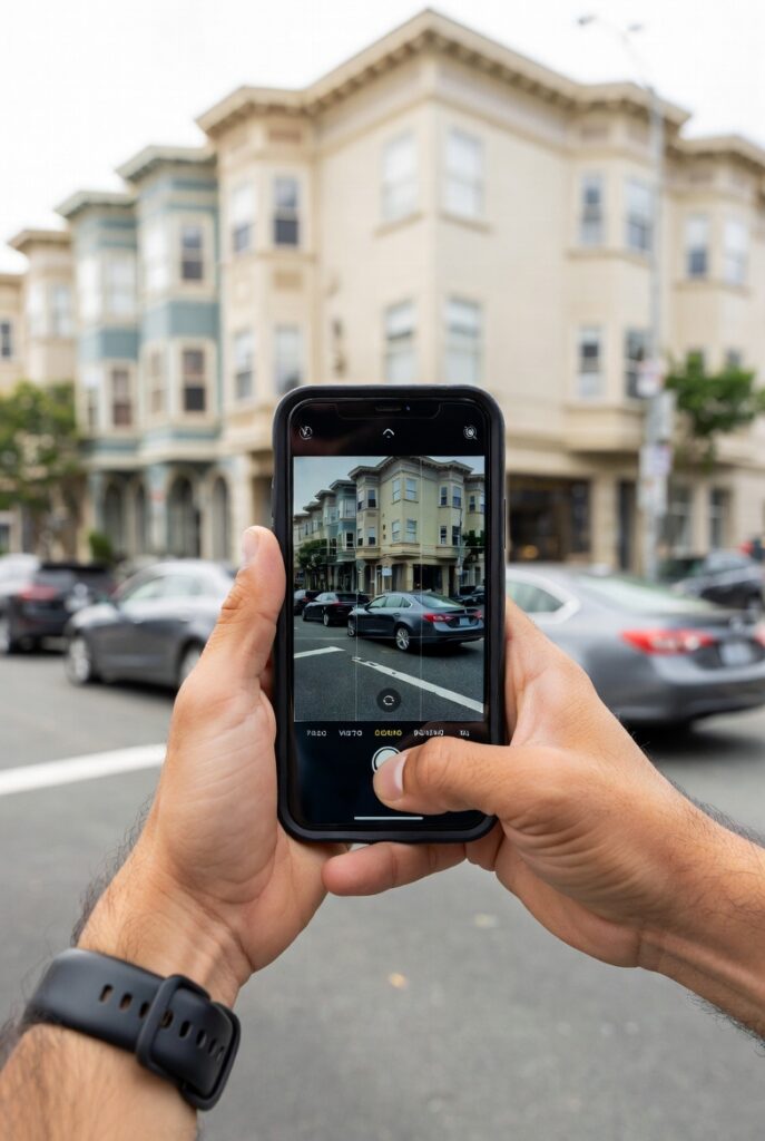 Documenting a rideshare accident scene with a smartphone in San Francisco — preserving evidence is critical for Uber and Lyft accident cases