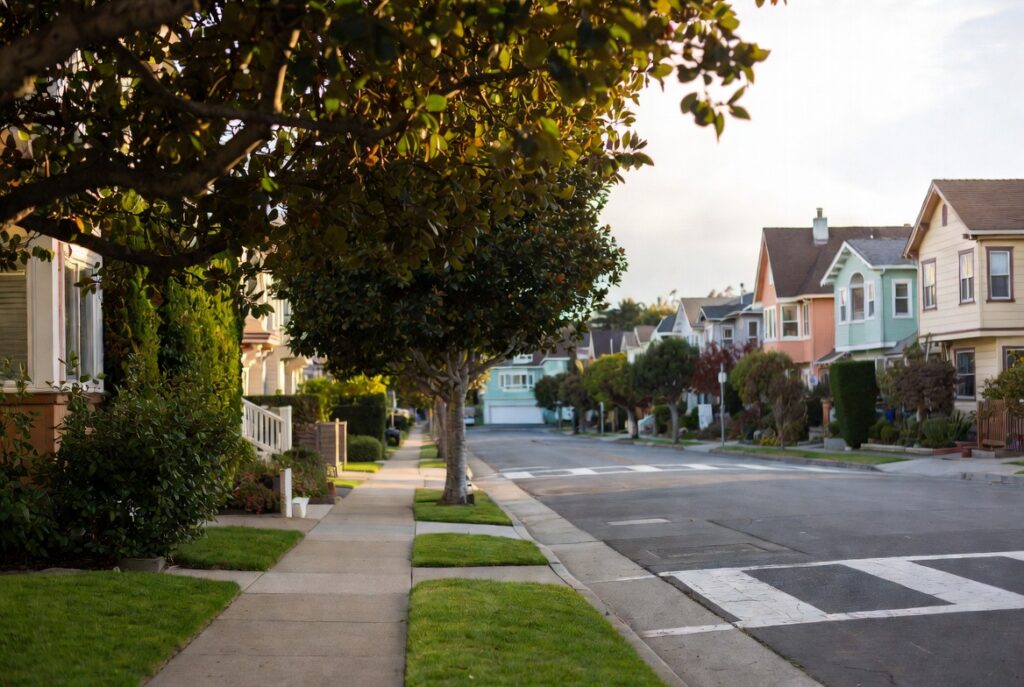 Daly City sidewalk and pedestrian crosswalk where dog bite incidents may occur — California strict liability law applies under Civil Code 3342