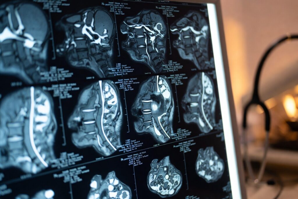 Imagen de resonancia magnética de columna vertebral mostrando hernia discal en un caso de lesión de columna — la documentación médica especializada que es crítica para casos serios de víctimas hispanas en el Área de la Bahía