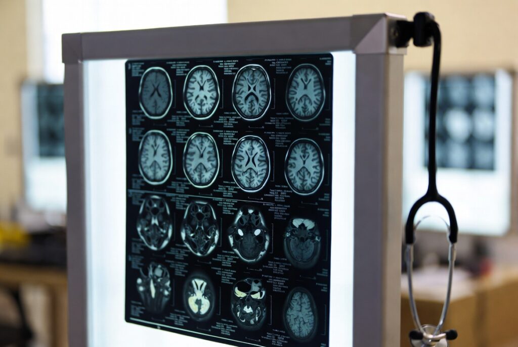 Imagen de resonancia magnética del cerebro mostrando evidencia de lesión cerebral traumática — la documentación médica especializada que es crítica en casos de TBI para víctimas hispanas en el Área de la Bahía