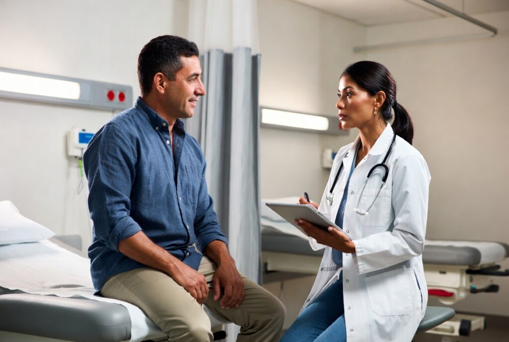 Paciente hispano hablando con médico bilingüe en sala de emergencias — derecho a intérprete médico certificado bajo Título VI