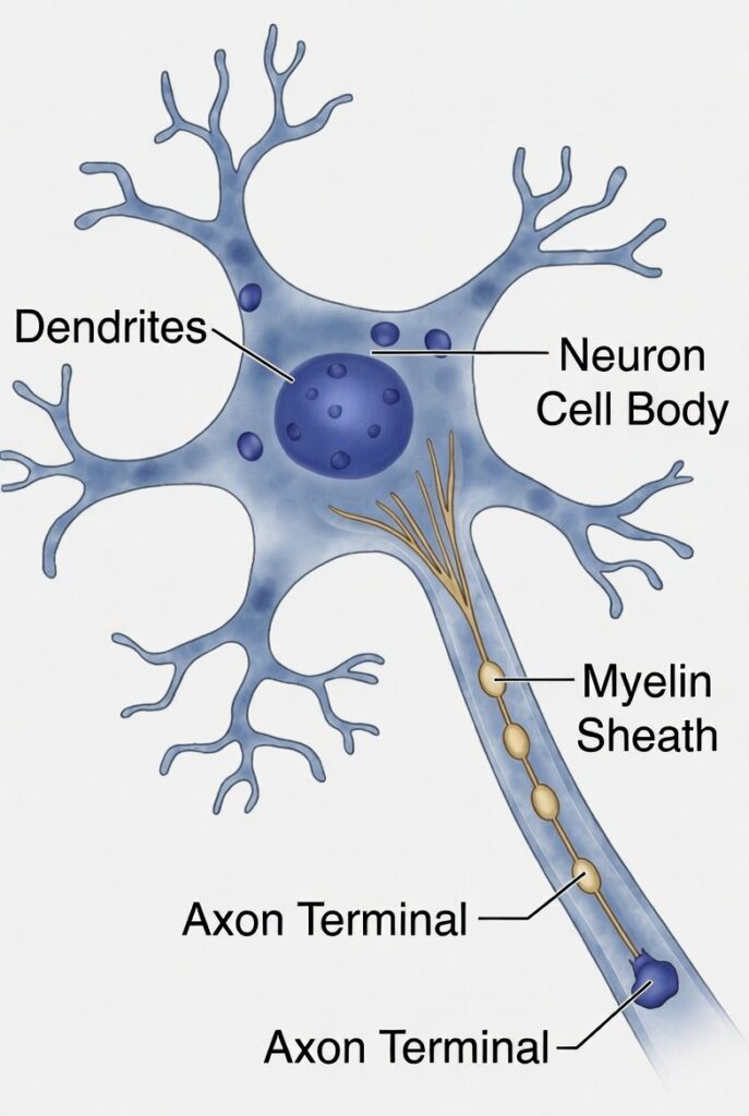 Diagram of a neuron showing dendrites, neuron cell body, myelin sheath, and axon terminal — used in San Francisco concussion injury cases to explain brain damage