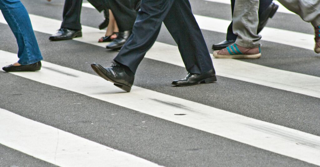 Busy San Francisco crosswalk where pedestrian accidents frequently occur — pedestrian accident attorney John J. Roach recovers millions for victims