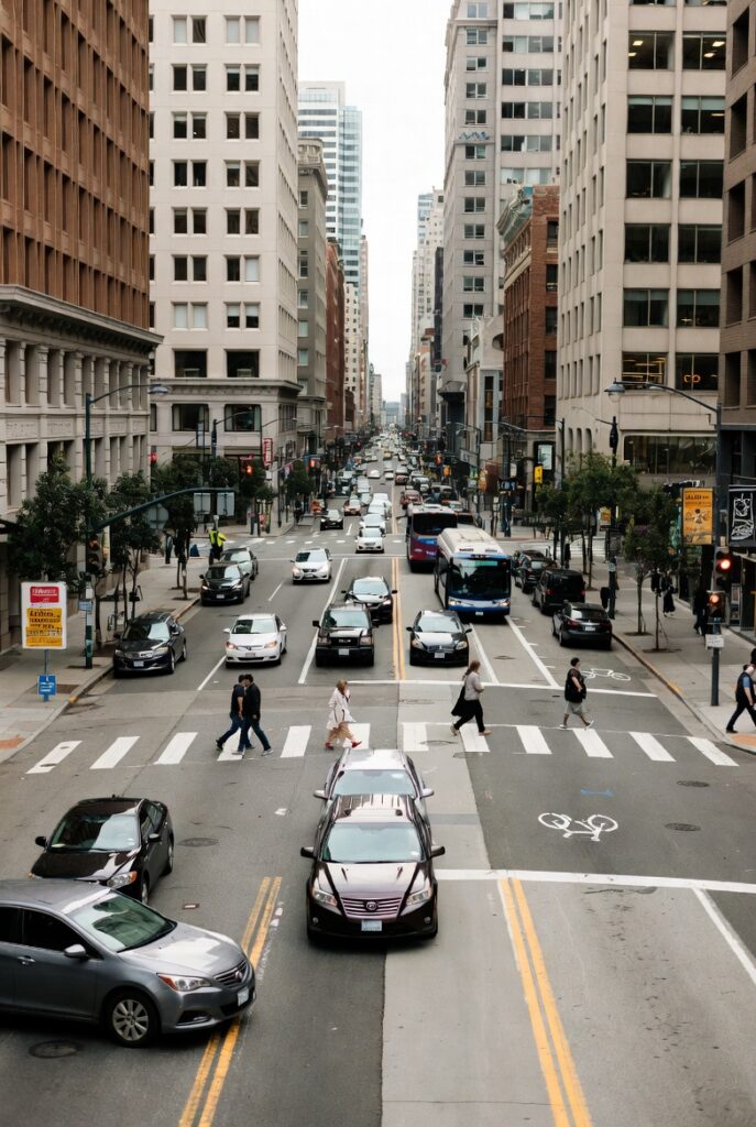 Dense downtown San Francisco traffic with rideshare vehicles, pedestrians, and Muni buses — common locations for Uber and Lyft accidents handled by John J. Roach