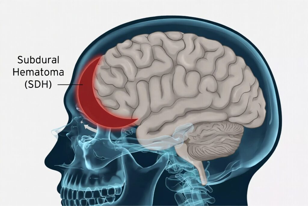 Medical illustration showing a subdural hematoma (SDH) — blood collecting between the brain and skull