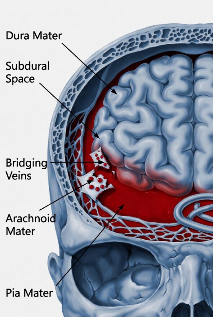 Anatomical illustration showing subdural hematoma formation — torn bridging veins bleeding into the subdural space between the dura mater and arachnoid mater