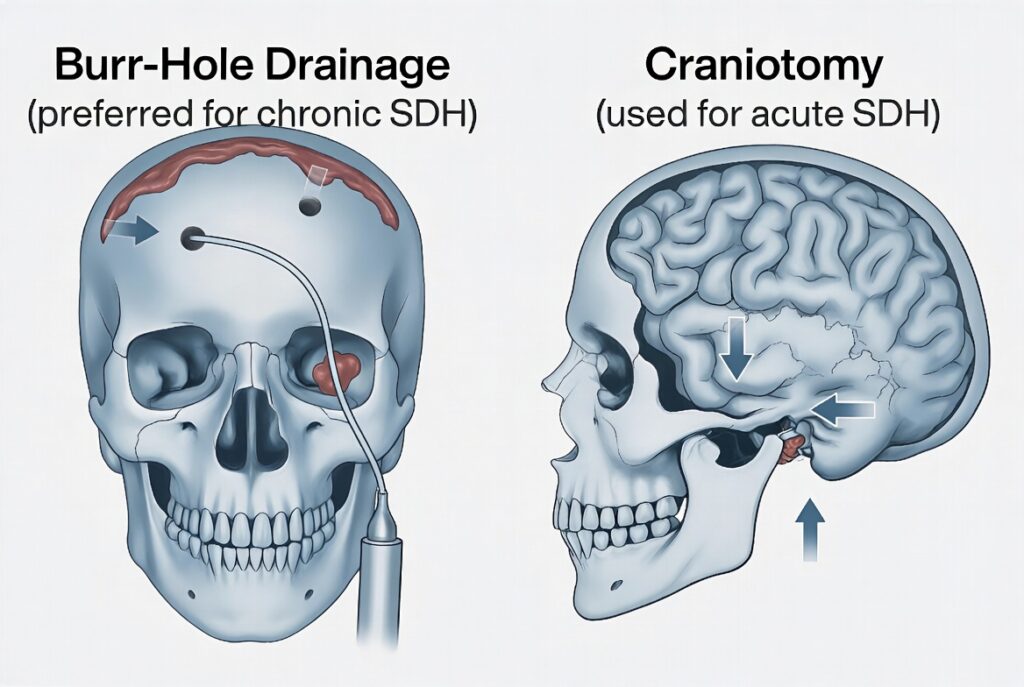 Medical illustration comparing burr-hole drainage and craniotomy — the two surgical procedures used to treat subdural hematomas