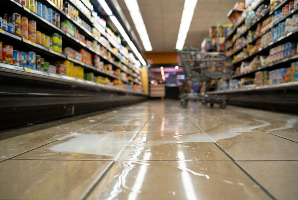 Pasillo de supermercado con derrame de líquido sin señalización — la condición peligrosa más común en casos de resbalones y caídas para clientes hispanos en supermercados del Área de la Bahía