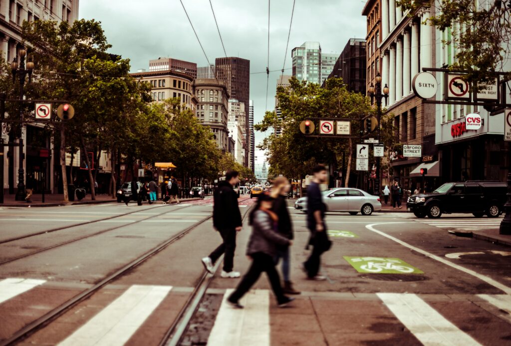 Pedestrian crosswalk in San Francisco where TBI accidents frequently occur — brain injury attorney John J. Roach recovers millions for victims
