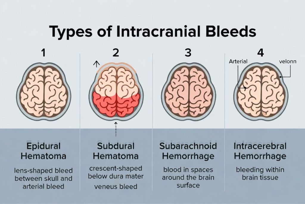 Diagram comparing four types of intracranial bleeds: epidural hematoma, subdural hematoma, subarachnoid hemorrhage, and intracerebral hemorrhage