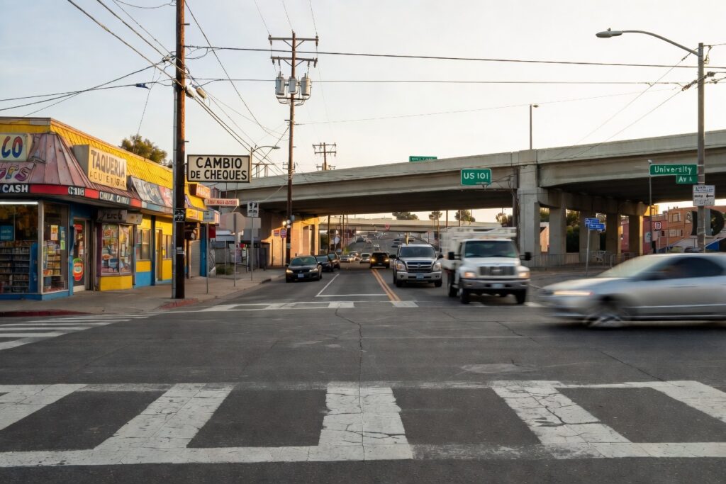 University Avenue en East Palo Alto cerca de la entrada a la US-101 — uno de los corredores más transitados donde la comunidad hispana enfrenta riesgo diario de accidentes vehiculares y peatonales en la Península