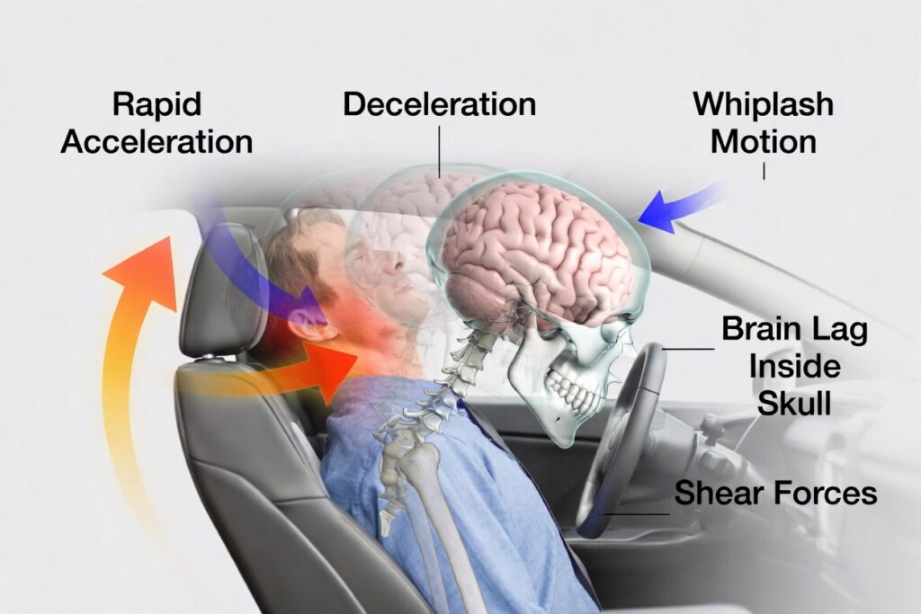 Medical illustration showing brain lag inside the skull during whiplash motion in a car accident — demonstrating how rapid acceleration and deceleration causes concussion without any direct blow to the head