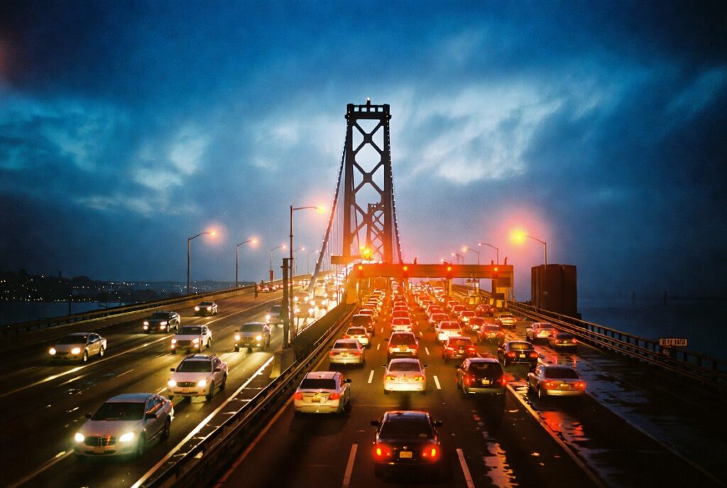 Acercamiento al Bay Bridge en San Francisco — corredor común de colisiones traseras donde el abogado John J. Roach representa víctimas hispanas de lesiones personales.