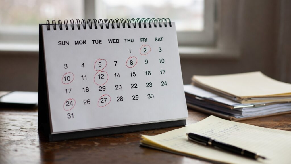 Attorney calendar with circled deadlines representing California statute of limitations for personal injury claims