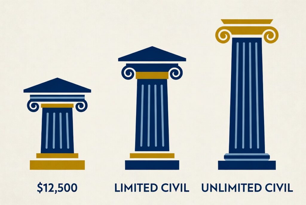 Diagram comparing California's three civil courts by jurisdictional limit: Small Claims ($12,500), Limited Civil ($35,000), and Unlimited Civil (no cap) — where to file your personal injury case