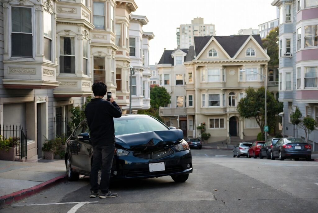 Driver documenting vehicle damage with smartphone after a San Francisco car accident