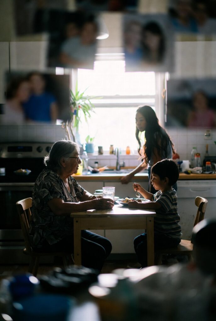 Familia hispana multigeneracional en hogar del Área de la Bahía — abuela, madre e hijo compartiendo una comida, reflejando las estructuras familiares que afectan los casos de lesiones personales en la comunidad hispana