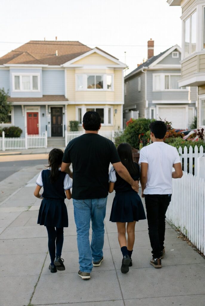 Padre hispano caminando con sus hijos en un vecindario de San Francisco, representando la importancia de proteger a la familia con cobertura UIM