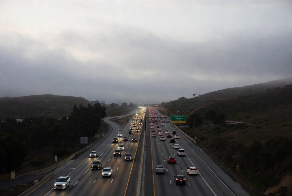 Foggy conditions on Interstate 280 near San Francisco where serious highway accidents frequently occur