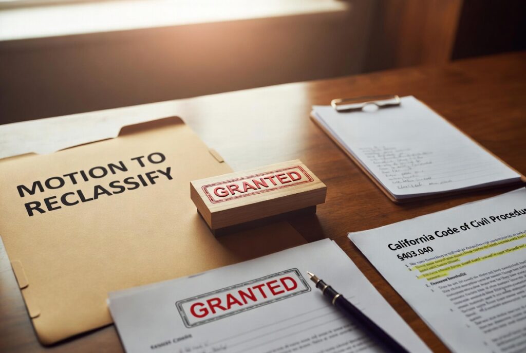 Motion to reclassify under California Code of Civil Procedure §403.040, granted — moving a personal injury case from limited civil to unlimited civil jurisdiction