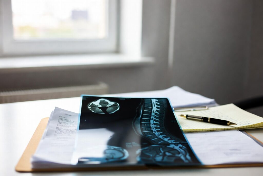 Personal injury attorney reviewing MRI imaging and medical records for a rear-end collision client