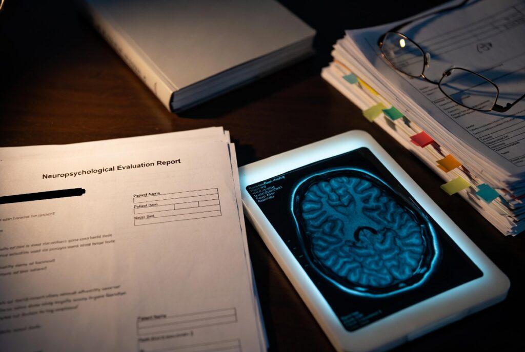 Neuropsychological evaluation, brain MRI, and medical records used to prove traumatic brain injury and PTSD in a California underinsured motorist arbitration