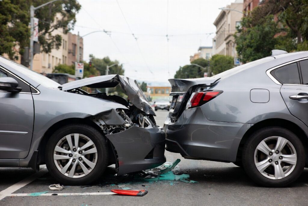 Rear-end collision damage on a San Francisco street showing crumpled vehicle bumper