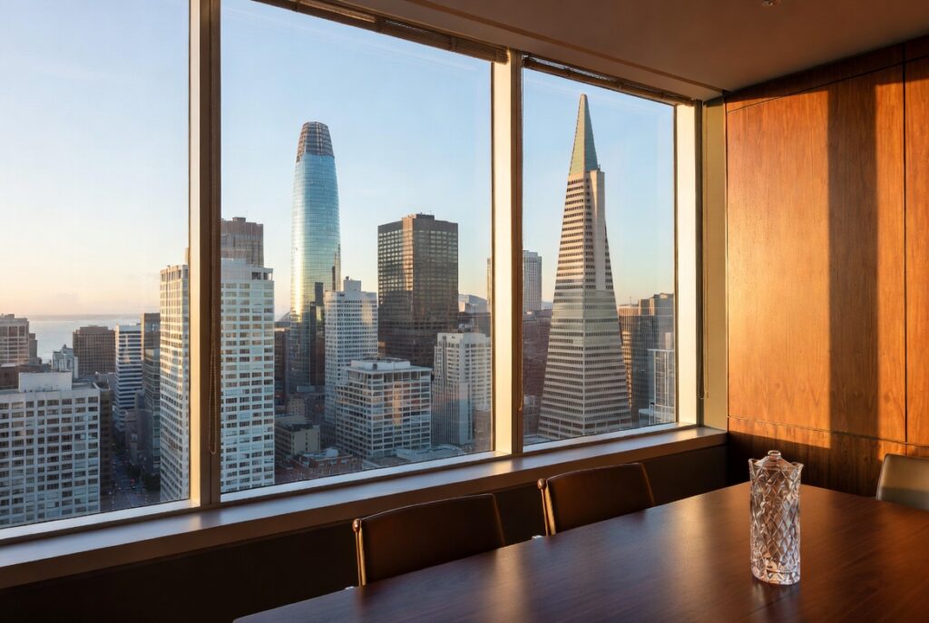 Modern San Francisco law office overlooking the city skyline where underinsured motorist arbitration cases are prepared