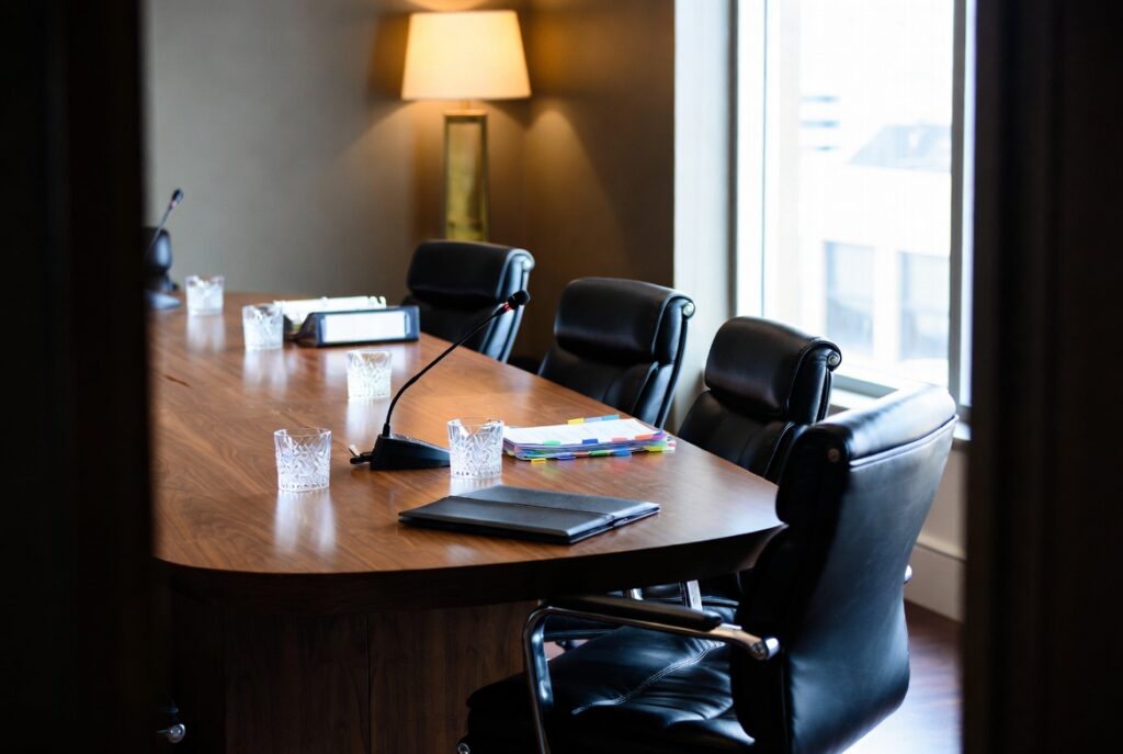Conference room set up for a deposition in an underinsured motorist arbitration case in a San Francisco law office