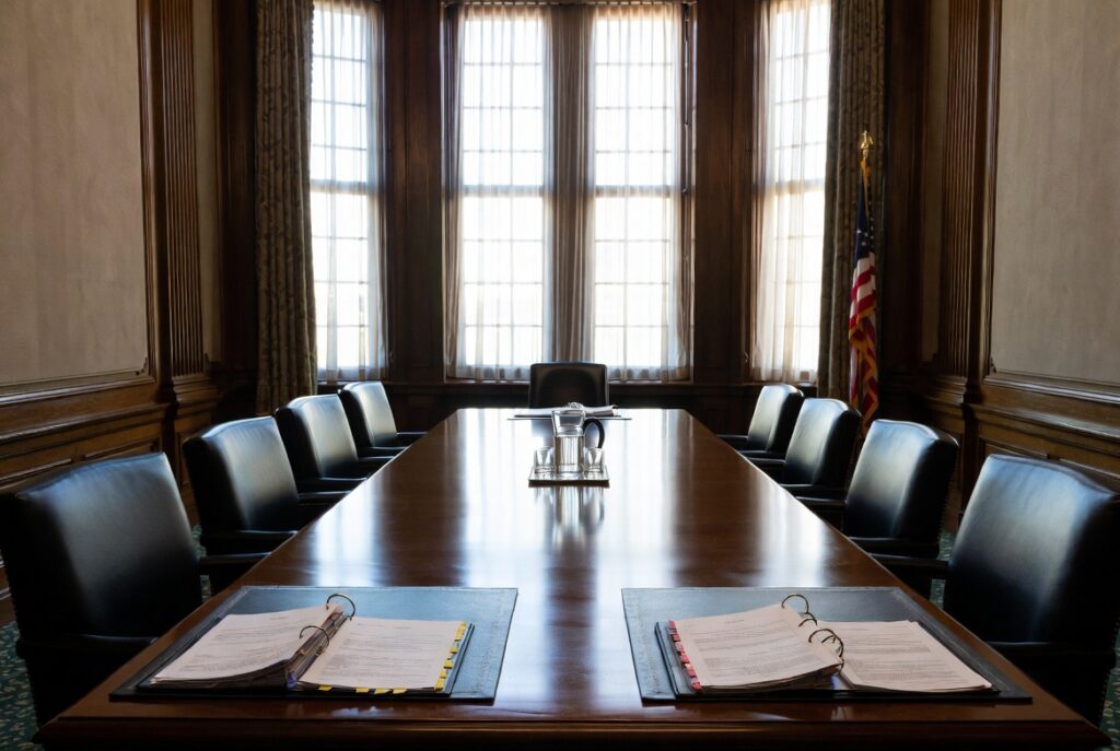 Arbitration hearing room set up for a California underinsured motorist arbitration with claimant and defense materials prepared
