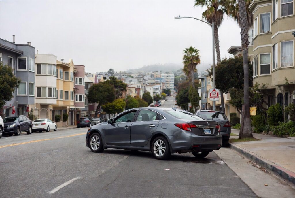 Carro dañado abandonado en una calle de San Francisco representando un accidente con conductor sin seguro o hit-and-run