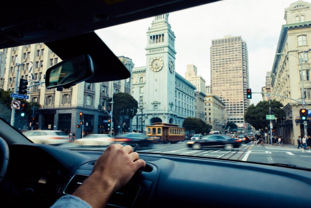 Distracted driver lowering a phone at a San Francisco intersection