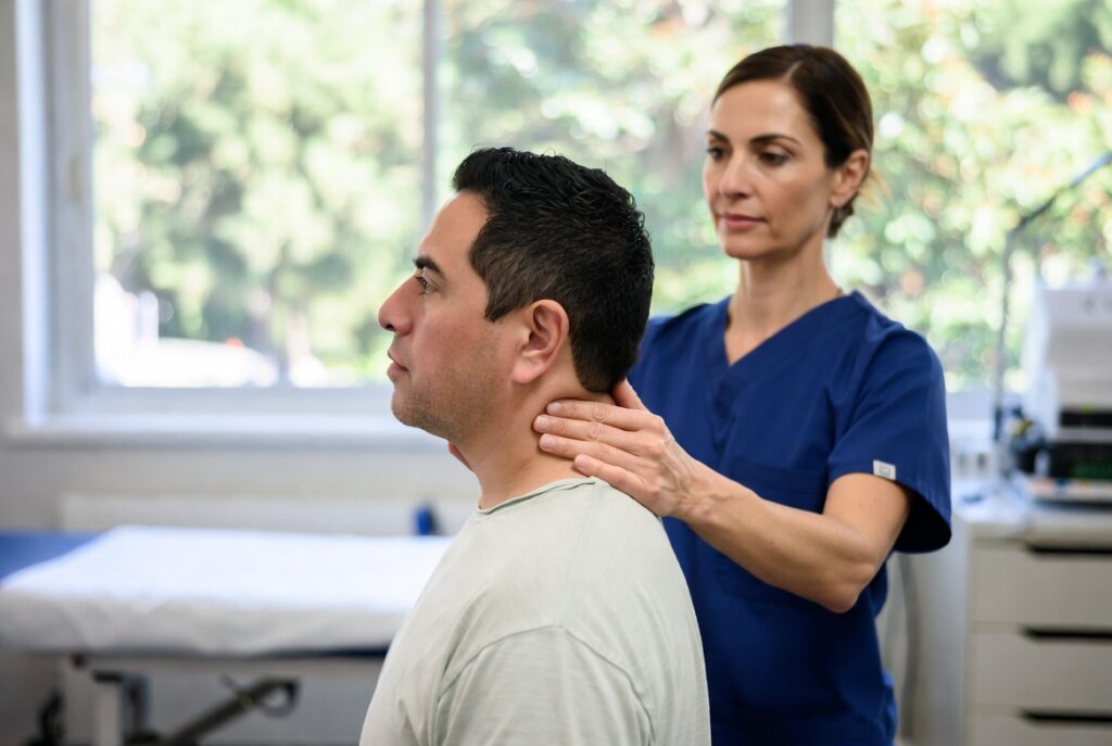 Paciente hispano recibe tratamiento de fisioterapia para latigazo cervical después de un accidente de auto en California — abogado bilingüe de lesiones