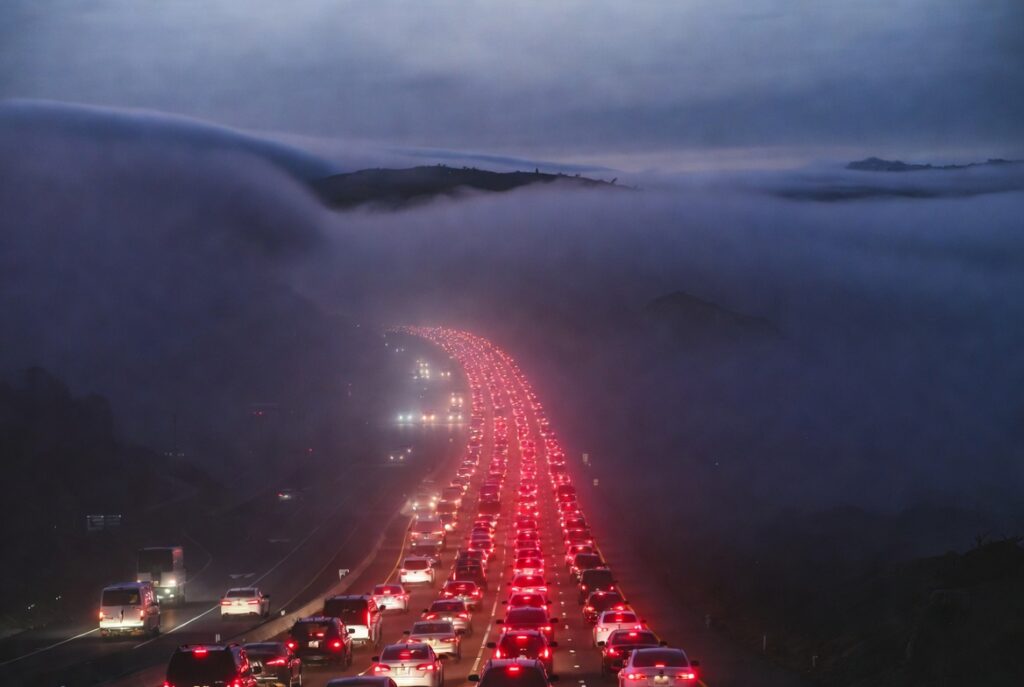 Stop-and-go traffic in San Francisco fog where chain-reaction multi-vehicle accidents occur — car accident attorney explains fault