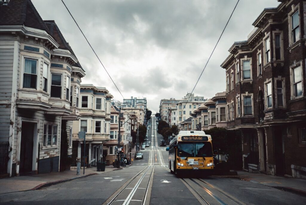 City transit bus on a San Francisco street where MUNI accidents occur