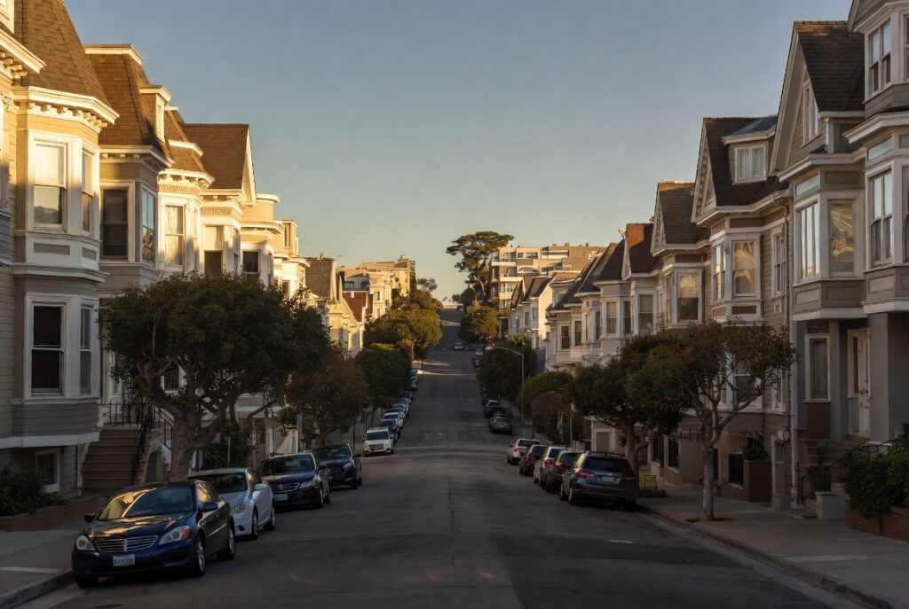 : Pacific Heights residential street in San Francisco where pedestrian accidents occur in crosswalks and at driveway intersections