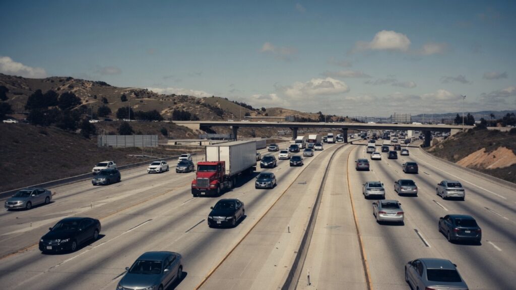 Semi-truck on a congested Bay Area highway where commercial truck accidents occur