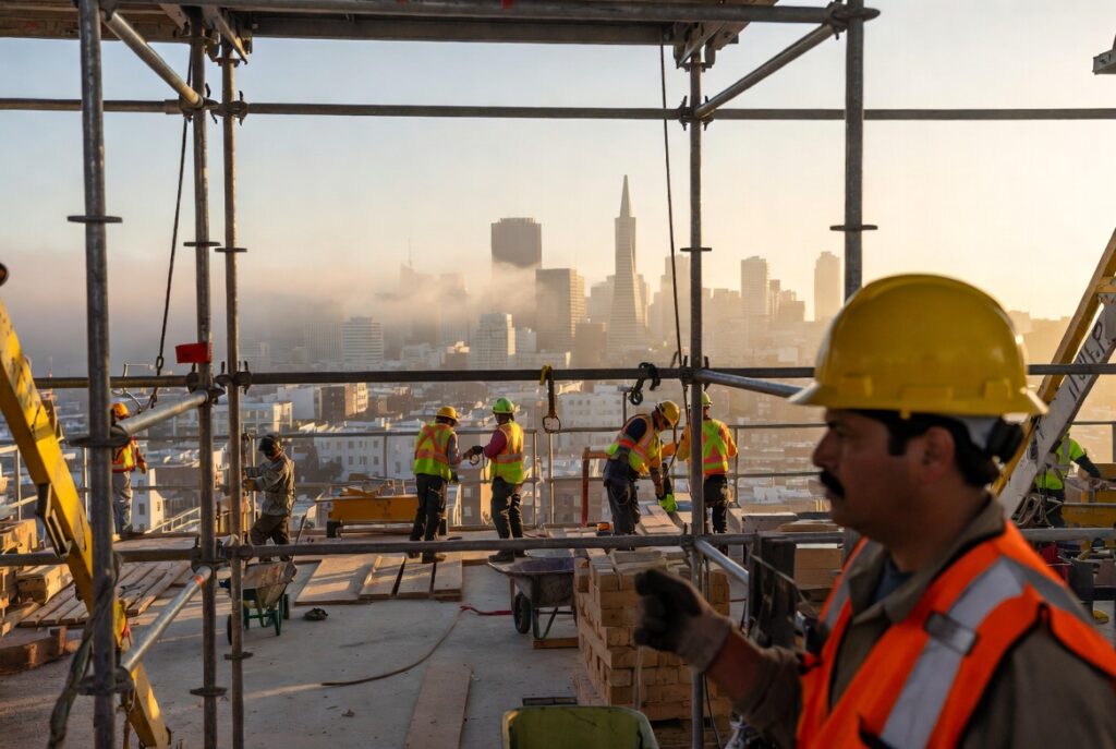 Trabajador de construcción hispano en un sitio de obra en San Francisco donde trabajan varios subcontratistas — casos de compensación laboral y demanda civil
